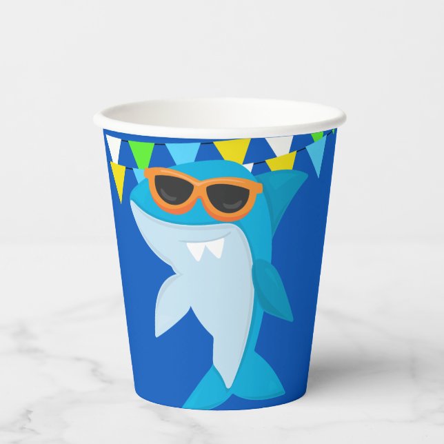 Kids Blue Shark Fintastic Birthday Paper Cups (Front)