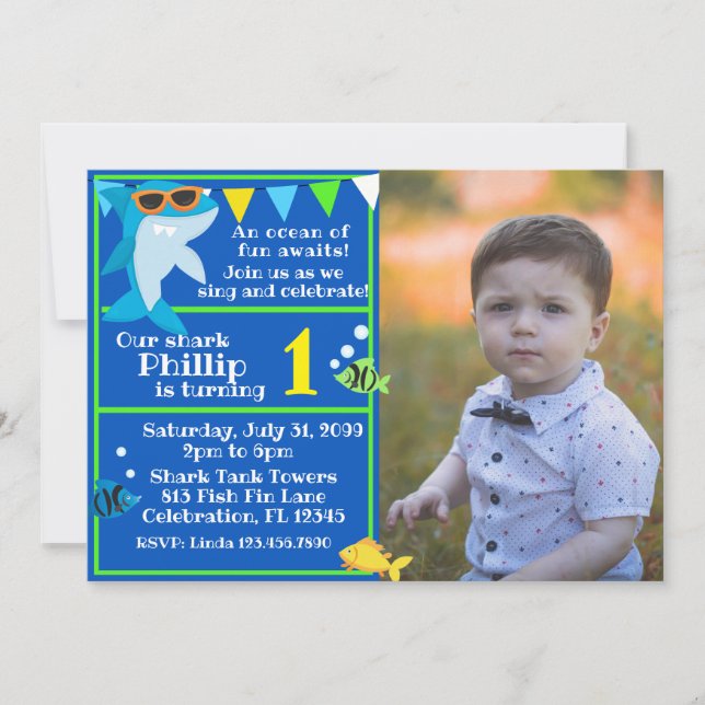 Kids Blue Shark Fintastic Birthday Photo Invitation (Front)