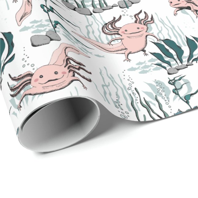 Kids Blush Pink & Green Underwater Axolotl Drawing Wrapping Paper (Roll Corner)