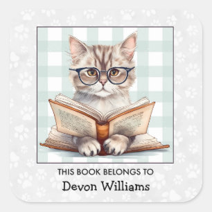 Kids Book Cat Bookplate Square Sticker