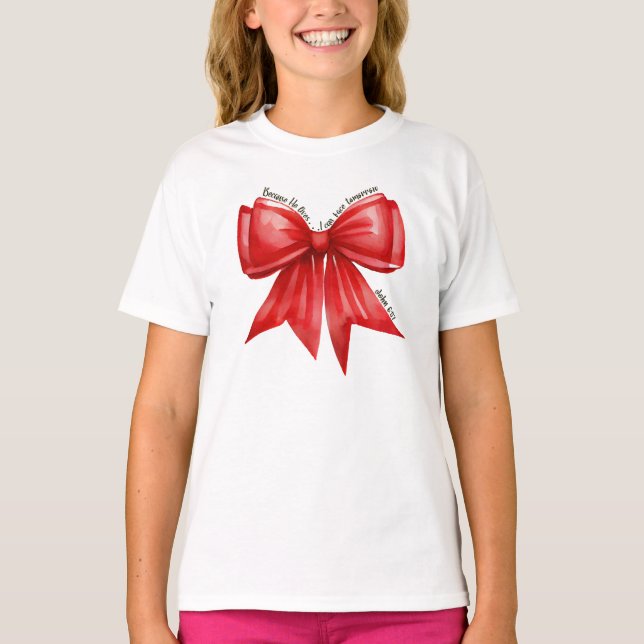 Kids Bow Shirt with John 6:57 on it (Front)