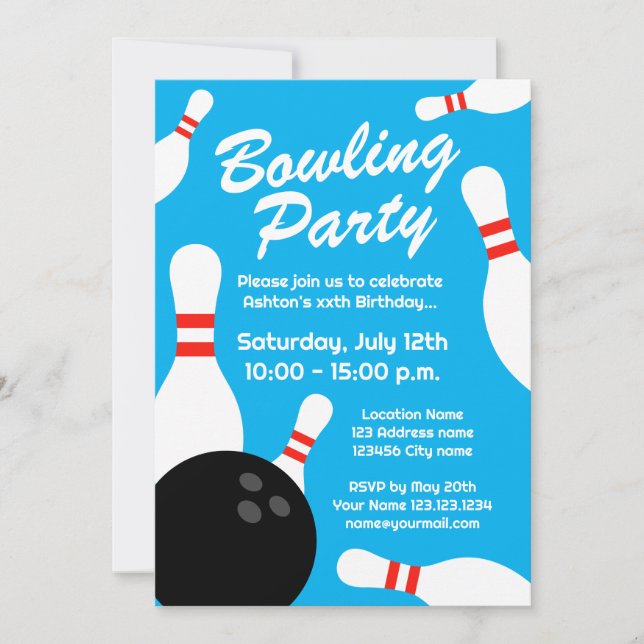 Kid's bowling Birthday party invitation template (Front)