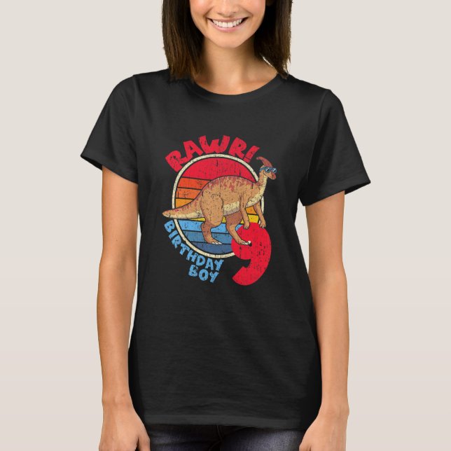 Kids Boy 9th Birthday I Rawr! Parasaurolophus I Fa T-Shirt (Front)