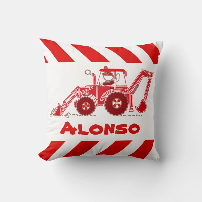 Kids boy digger red and white name pillow (Front)