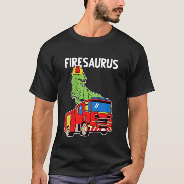 Kids Boys Dino Fire Truck T-Shirt (Front)