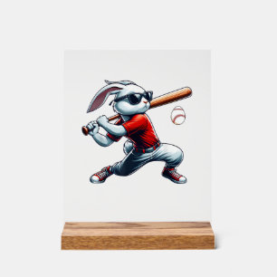 Kids Boys Happy Easter Bunny Playing Baseball East Acrylic Sign