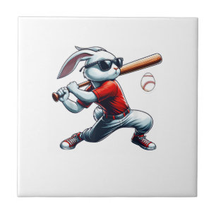 Kids Boys Happy Easter Bunny Playing Baseball East Ceramic Tile