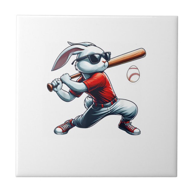 Kids Boys Happy Easter Bunny Playing Baseball East Ceramic Tile (Front)