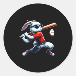 Kids boys happy easter bunny playing baseball east classic round sticker