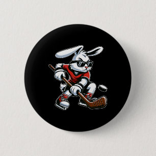 Kids Boys Happy Easter Bunny Playing Hockey Easter 6 Cm Round Badge