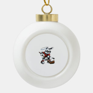 Kids Boys Happy Easter Bunny Playing Hockey Easter Ceramic Ball Christmas Ornament