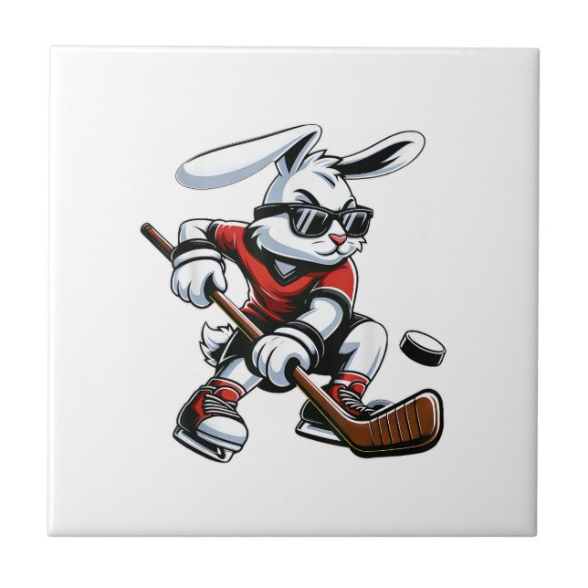 Kids Boys Happy Easter Bunny Playing Hockey Easter Ceramic Tile (Front)