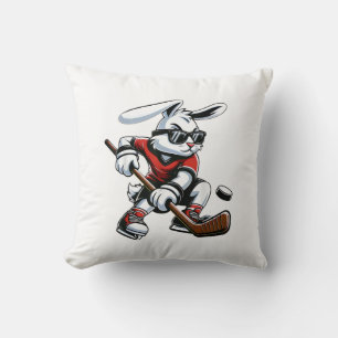 Kids Boys Happy Easter Bunny Playing Hockey Easter Cushion