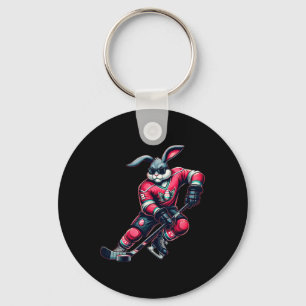 Kids Boys Happy Easter Bunny Playing Hockey Easter Key Ring