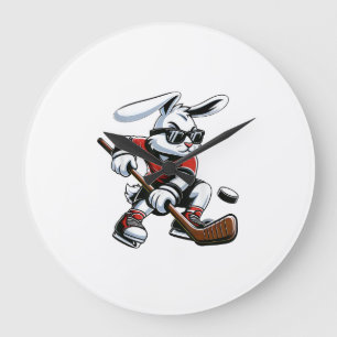 Kids Boys Happy Easter Bunny Playing Hockey Easter Large Clock