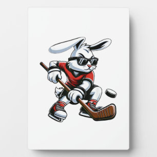 Kids Boys Happy Easter Bunny Playing Hockey Easter Plaque