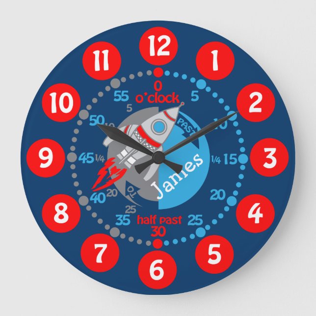 Kids boys learn to tell time blue red space clock (Front)
