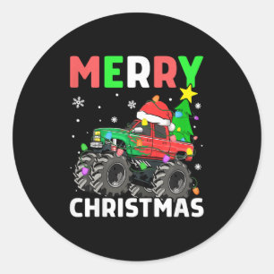 Kids Boys Merry Christmas Monster Truck Santa Hat Classic Round Sticker
