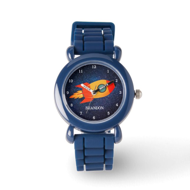 Kids Boys Rocket Space Blue Astronaut Name Watch (Front)