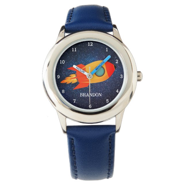 Kids Boys Rocket Space Blue Astronaut Name Watch (Front)