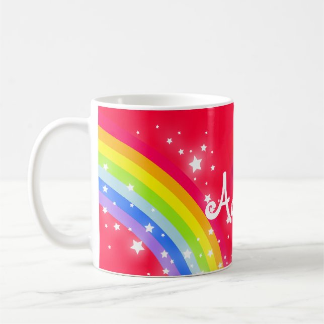 Kids bright rainbow red name mug (Left)