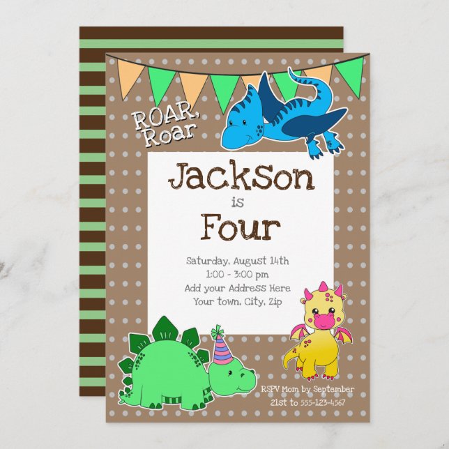 Kids Brown Dinosaur 4th Birthday Party Invitation (Front/Back)