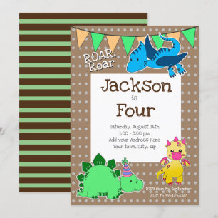 Kids Brown Dinosaur 4th Birthday Party Invitation