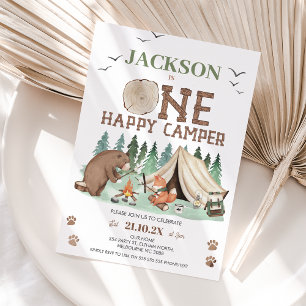 Kids Brown Green One Happy Camper 1st Birthday Invitation