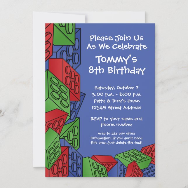 Kids Building Construction Blocks Birthday Party Invitation (Front)