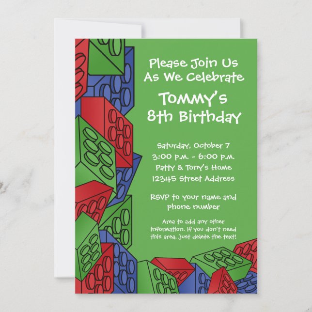 Kids Building Construction Blocks Birthday Party Invitation (Front)