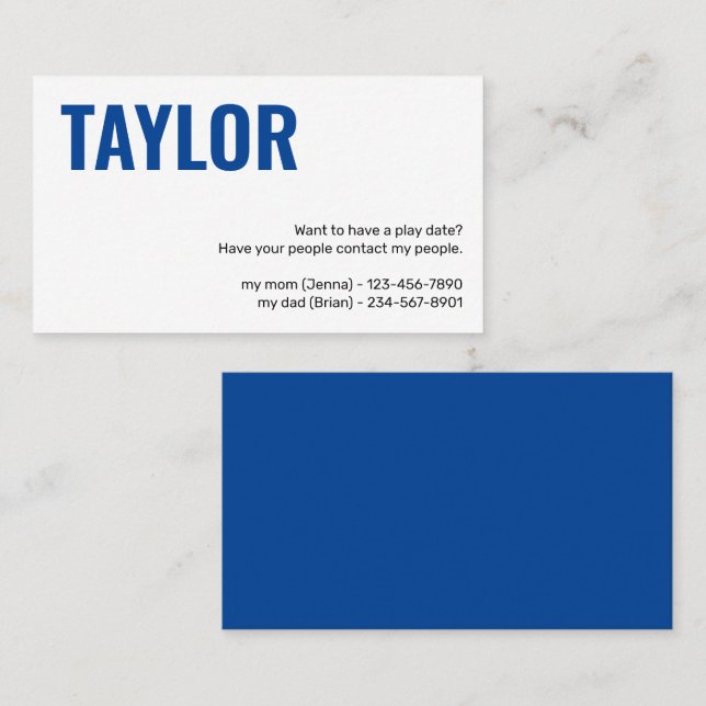 Kids Calling Card Play Date Playdates Girl or Boy (Front/Back)