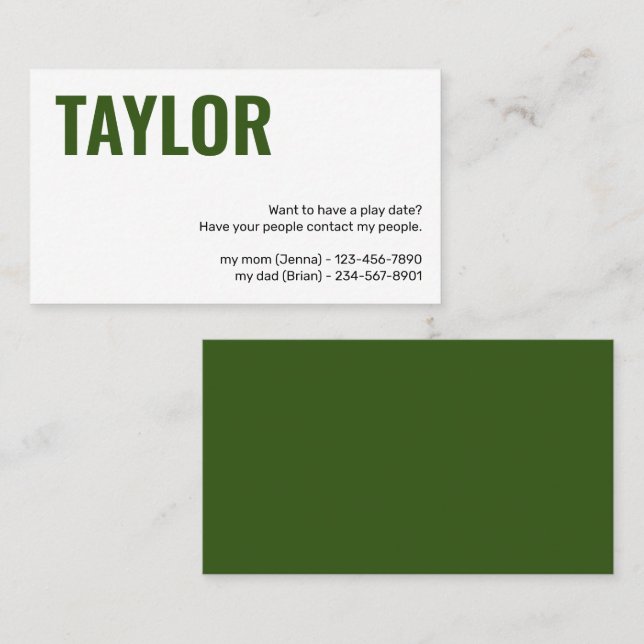 Kids Calling Card Play Date Playdates Girl or Boy (Front/Back)