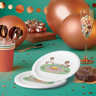 Kids Camping Trip Boy and Girl at Campfire Paper Plate