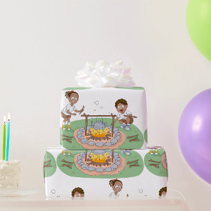 Kids Camping Trip Boy and Girl at Campfire Wrapping Paper