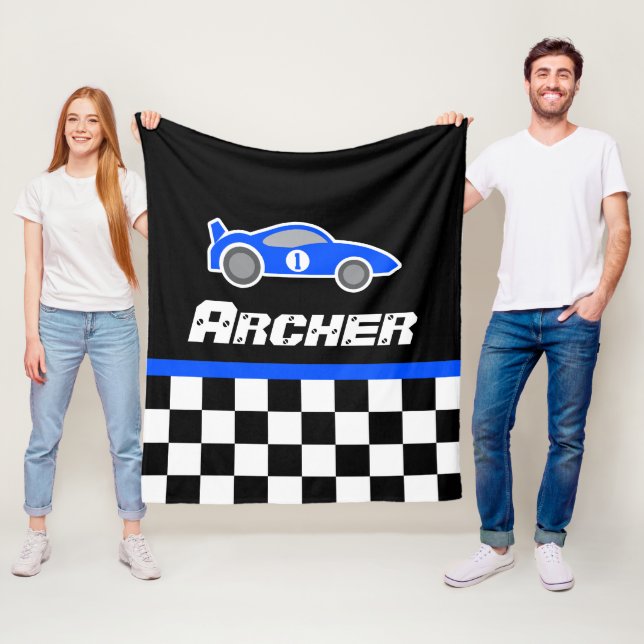 Kids car blue chequered flag name blanket (In Situ)