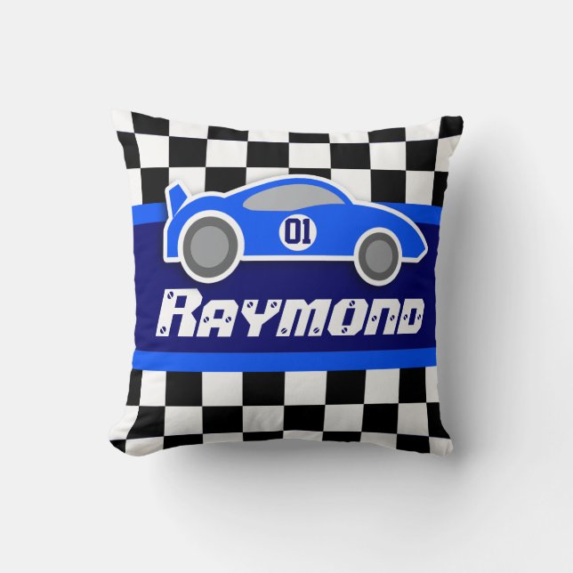 Kids car blue chequered flag name pillow (Front)