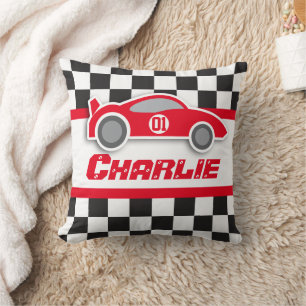 Kids car bright red chequered flag name pillow