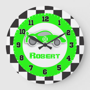 Kids car green chequered flag name wall clock