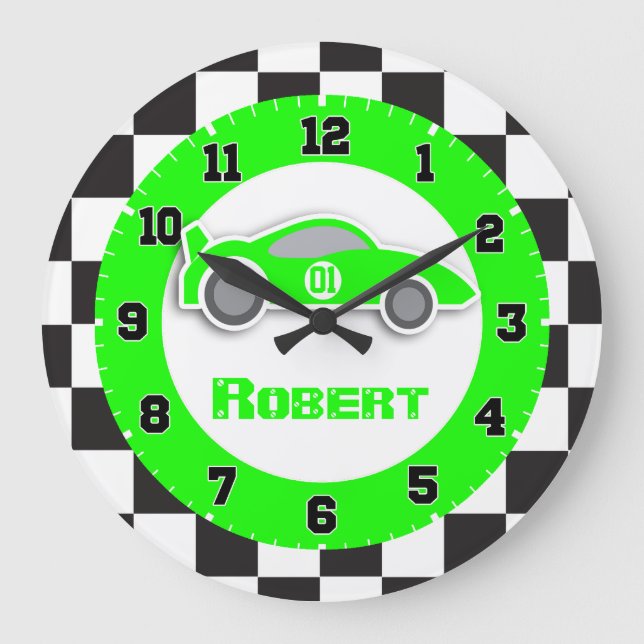 Kids car green chequered flag name wall clock (Front)