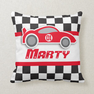 Kids car red blue chequered flag name pillow