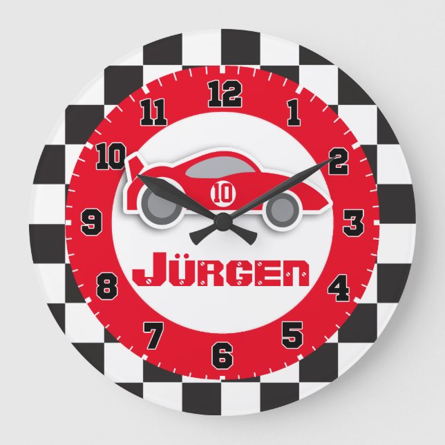 Kids car red chequered flag name wall clock (Front)
