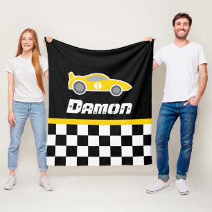 Kids car yellow chequered flag name blanket