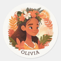 Kids cartoon hawaiian girl. Floral tropical lei