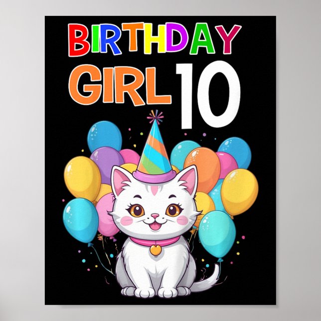 Kids Cat Birthday 10 Birthday Party Girls 10th Bir Poster (Front)