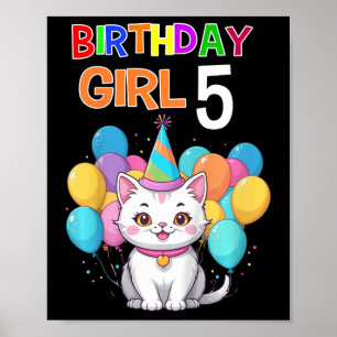 Kids Cat Birthday 5 Birthday Party Girls 5th Birth Poster