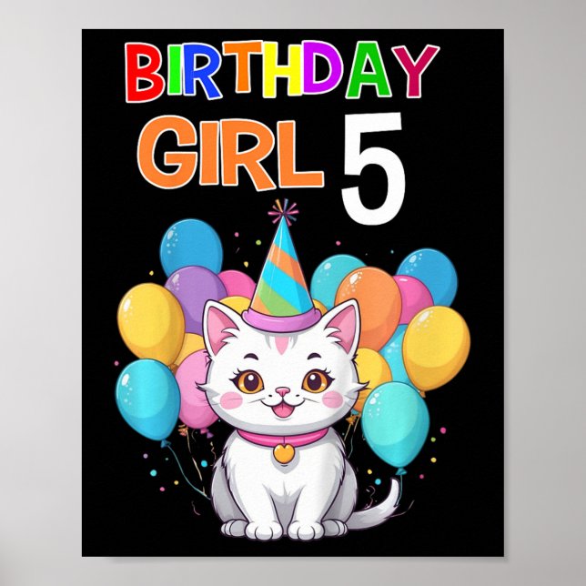 Kids Cat Birthday 5 Birthday Party Girls 5th Birth Poster (Front)