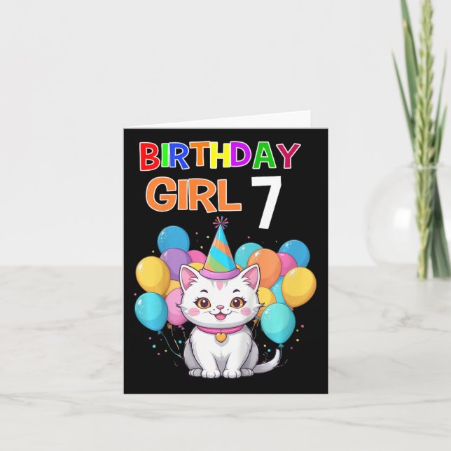 Kids Cat Birthday 7 Birthday Party Girls 7th Birth Card (Front)