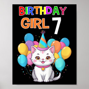 Kids Cat Birthday 7 Birthday Party Girls 7th Birth Poster