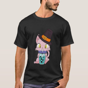 Kids Cat Drinking Boba Thanksgiving Day Cute Kitte T-Shirt