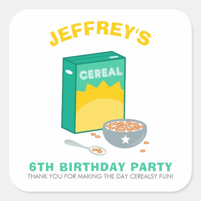Kids Cereal Birthday Party Square Sticker (Front)